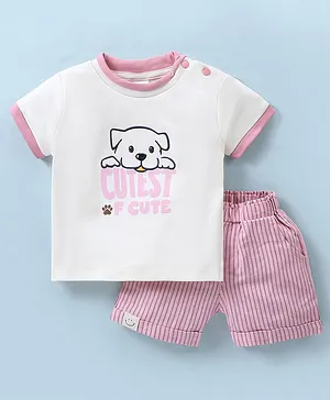 Ollypop Interlock Knit Half Sleeves T-Shirt & Shorts With Text Graphics & Doggy Embroidery - Cream & Pink