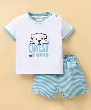Ollypop Interlock Knit Half Sleeves T-Shirt & Shorts With Text Graphics & Doggy Embroidery - White & Blue
