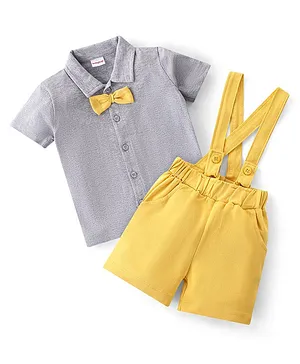Babyhug 100% Cotton Knit Half Sleeves Solid Color Shirt & Shorts Set With Attached Suspender- Grey & Yellow
