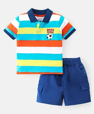 Babyhug 100% Cotton Knit Single Jersey Half Sleeves T-Shirt & Shorts With Striped - Blue & Green