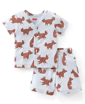 Babyhug 100% Cotton Knit Single Jersey Half Sleeves T-Shirt & Shorts With Animal Print - Blue & Brown