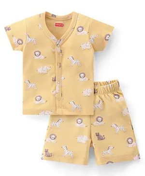 Babyhug 100% Cotton Knit Half Sleeves T-Shirt & Shorts With Animals Print - Yellow