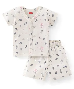 Babyhug 100% Cotton Knit Half Sleeves T-Shirt & Shorts With Sea Life Print - Off White