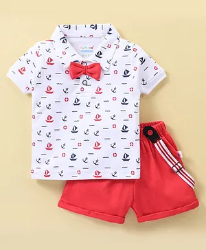 BUMZEE Half Sleeves Boats & Anchor Printed Tee & Short Set With Bow Suspender - White & Red