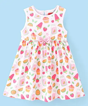 Babyhug 100% Cotton Knit Single Jersey Sleeveless Frock With Fruits Print - White