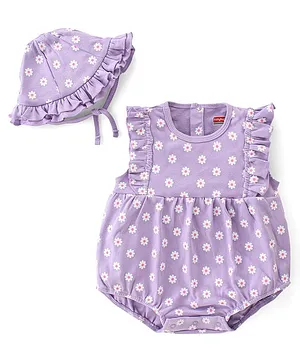 Babyhug 100% Cotton Knit Frill Sleeves Striped Onesie with Cap Floral Print - Lavendor