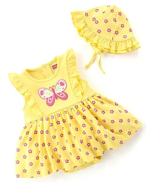 Babyhug 100% Cotton Knit Sleeveless Floral Printed Frock Style Onesie with Cap & Butterfly Patch - Yellow
