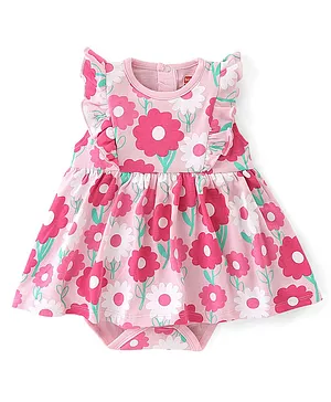 Babyhug 100% Cotton Knit Sleeveless Floral Printed Frock Style Onesie - Pink