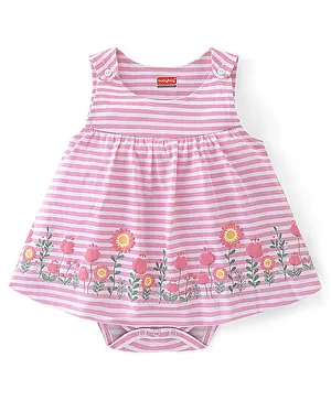 Babyhug 100% Cotton Knit Sleeveless  Frock Style Onesie Striped & Floral Print - Pink