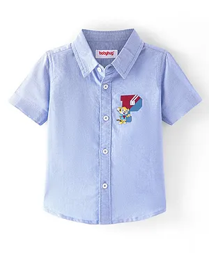 Babyhug 100% Cotton Woven Half Sleeves Solid Shirt with Tiger Print - Blue