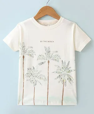 Ollypop Cotton Knit Half Sleeves Tree Printed T-Shirt - Cream