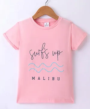 Ollypop Cotton Knit Half Sleeves Text Printed T-Shirt - Rose Pink