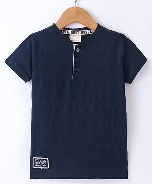 Ollypop Cotton Knit Half Sleeves Textured T-Shirt - Midnight Blue