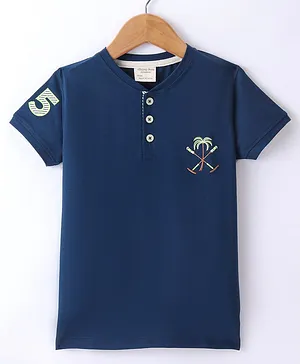 Ollypop Cotton Knit Half Sleeves T-Shirt Tree Embroidery - Aurta Navy