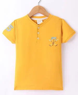 Ollypop Cotton Knit Half Sleeves T-Shirt Tree Embroidery - Tropical Yellow