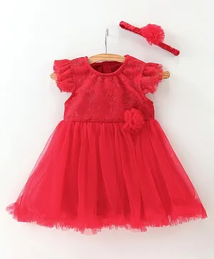 Mark & Mia Half Sleeves Party Wear Frock Style Onesie With Floral Applique & Headband - Red