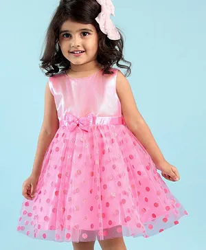 Babyhug Sleeveless Fit & Flare Party Frock with Bow Applique - Pink