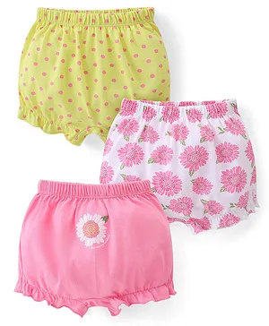 Babyhug 100% Cotton Single Jersey Knit Bloomer Floral & Polka Dot Print Pack of 3 - Yellow White & Pink