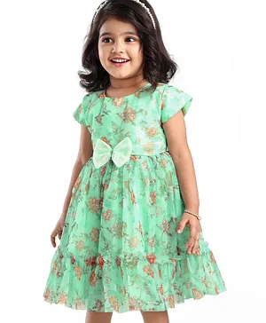 Babyhug  Cap Sleeves Party Frock with Floral Print & Bow Applique - Green