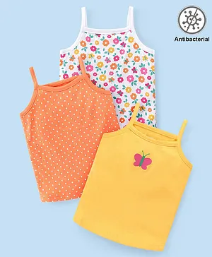 Babyhug 100% Cotton Single Jersey Knit Sleeveless Antibacterial Slips With Floral & Polka Dot Print Pack Of 3 - Orange White & Yellow