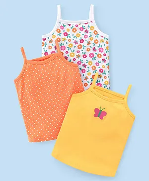 Babyhug 100% Cotton Single Jersey Knit Sleeveless Antibacterial Slips With Floral & Polka Dot Print Pack Of 3 - Orange White & Yellow
