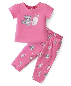 Babyhug Cotton Knit Single Jersey Half Sleeves Night Suit With Animals Print - Pink