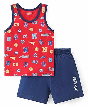 Babyhug 100% Cotton Knit Sleeveless Sando & Shorts Set Number Print -Navy Blue & Red