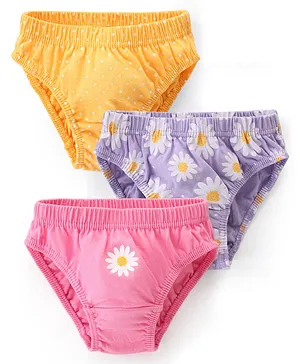 Babyhug 100% Cotton Antibacterial Panties With Floral Print Pack Of 3 - Yellow Purple & Pink