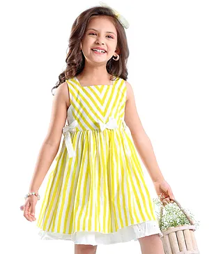 Babyhug Rayon Woven Sleeveless Frock With Striped & Bow Applique - Yellow & White