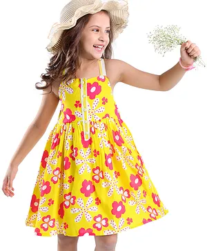 Babyhug Rayon Woven Sleeveless Frock With Floral Print - Yellow & Red