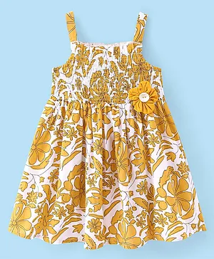 Babyhug 100% Cotton Woven Sleeveless Frock With Floral Print & Applique - Yellow