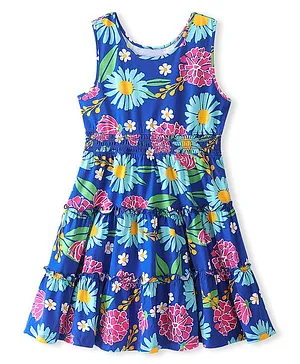 Pine Kids 100% Cotton Knit Sleeveless Frock With Floral Print - Dazzling Blue