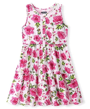 Pine Kids 100% Cotton Knit Sleeveless Frock With Floral Print - Pink Marshmallow