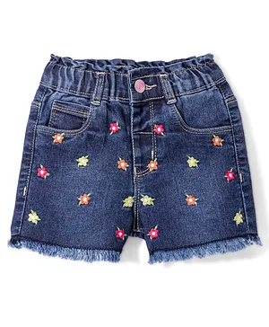Babyhug Mid Thigh Denim Shorts with Stretch Floral Embroidery - Blue