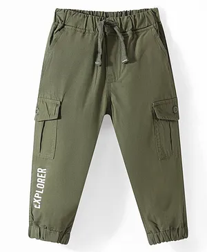 Babyhug Cotton Woven Full Length Text Printed Joggers - Olive
