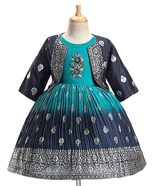 Enfance Brocade Full Sleeves Sequin Detailed Motif Printed Dress With Shrug - Peacock  Blue