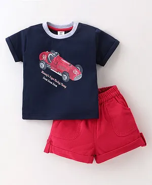 ToffyHouse 100% Cotton Half Sleeves Car Printed T-Shirt & Corduroy Shorts Set - Navy & Red