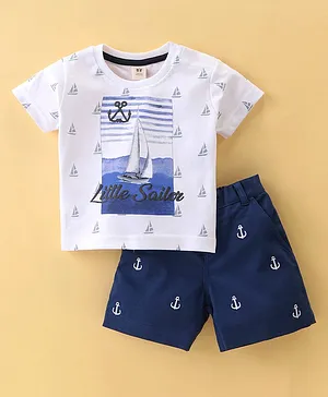 ToffyHouse 100% Cotton Half Sleeves Boats Printed T-Shirt & Shorts Set - Navy & White