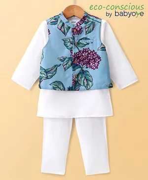 Babyoye Cotton Woven Full Sleeves Kurta & Pyjama Set With Jacket Floral Printed - White & Blue