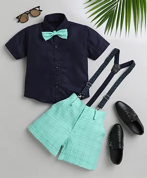 Jeet Ethnics Half Sleeves Solid Shirt With Checked Shorts Bow & Suspender Set - Sea Green