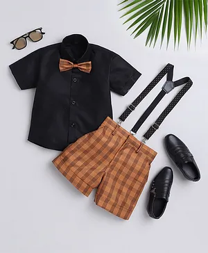 Jeet Ethnics Half Sleeves Solid Shirt With Checked Shorts Bow & Suspender Set - Yellow