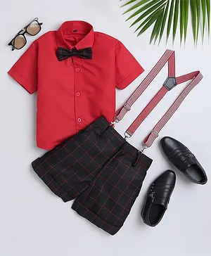 Jeet Ethnics Half Sleeves Solid Shirt With Checked Shorts Bow & Suspender Set - Black