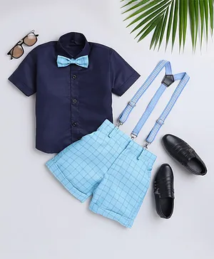 Jeet Ethnics Half Sleeves Solid Shirt With Grid Checked Shorts Bow & Suspender Set - Blue