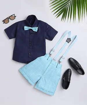 Jeet Ethnics Half Sleeves Solid Shirt With Window Pane Checked Shorts Bow & Suspender Set - Blue