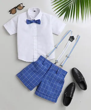 Jeet Ethnics Half Sleeves Solid Shirt With Window Pane Checked Shorts Bow & Suspender Set - Blue