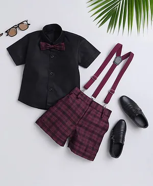 Jeet Ethnics Half Sleeves Solid Shirt With Checked Shorts Bow & Suspender Set - Maroon