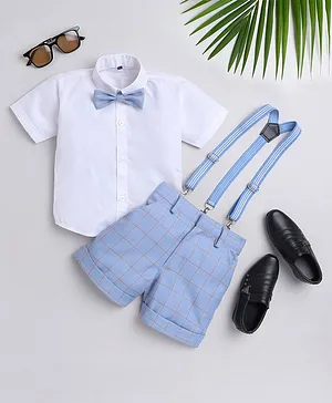 Jeet Ethnics Half Sleeves Solid Shirt With Checked Shorts Bow & Suspender Set - Blue