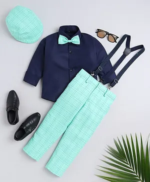 Jeet Ethnics Full Sleeves Solid Shirt With Checked Pant Bow Cap & Suspender Set - Sea Green