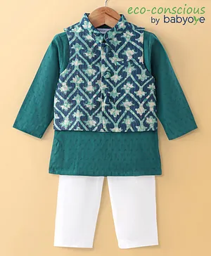 Babyoye Cotton Woven Full Sleeves Solid Dyed Kurta Pyjama Set with Jacket - Blue