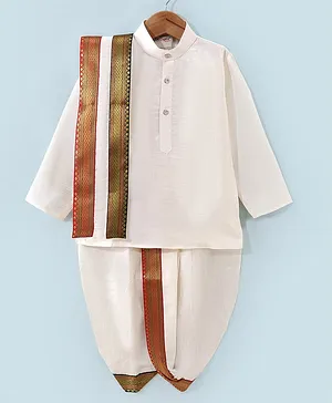 Dapper Dudes Full Sleeves Solid Kurta With Coordinating Dhoti & Angavastram - Off White
